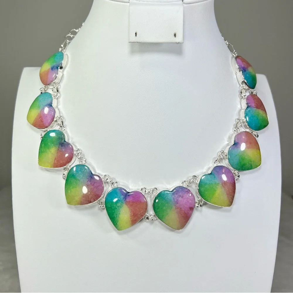 Beautiful 🌈💗 925 Rainbow Solar Quartz Hearts Large Gemstone Necklace Earrings - Picture 3 of 9